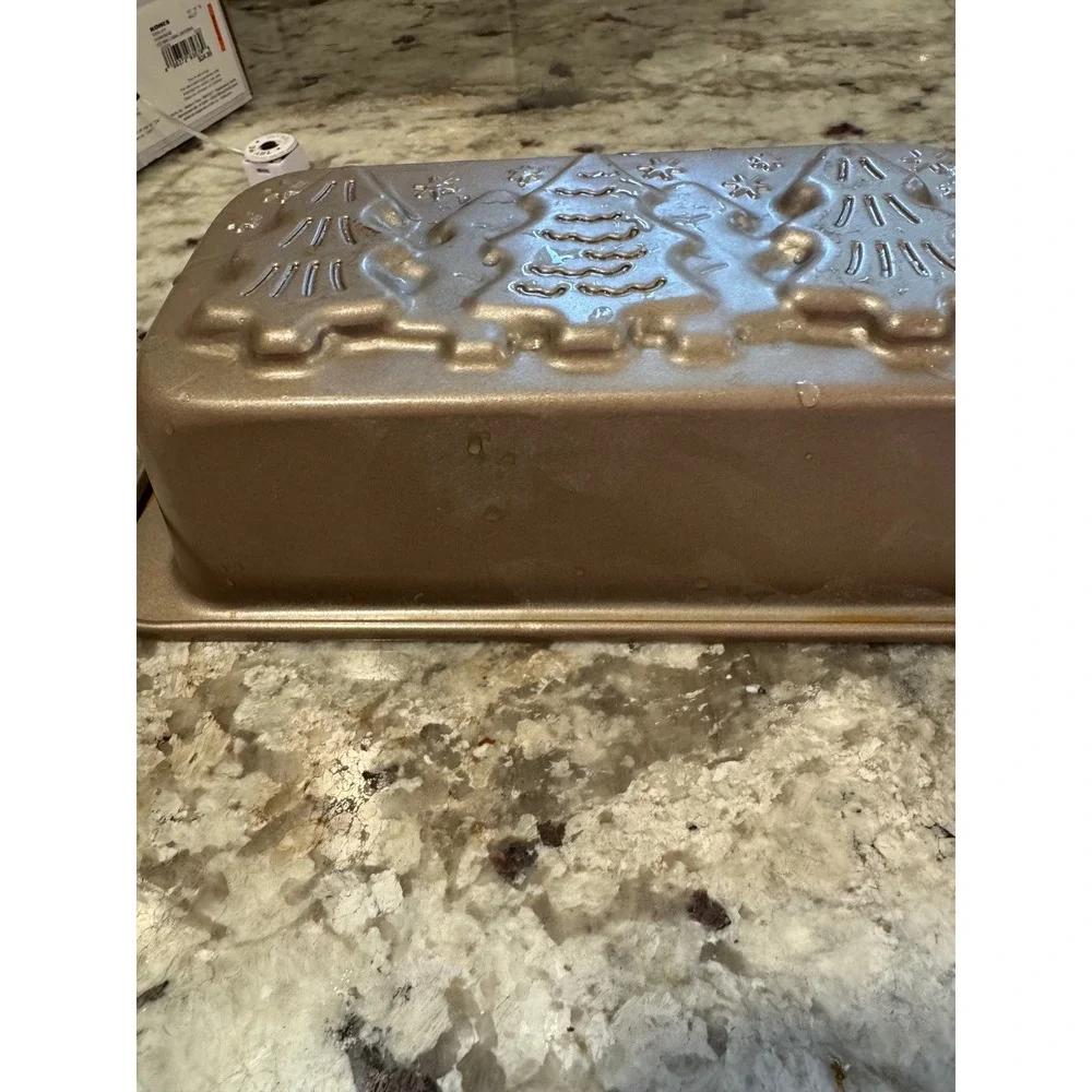 Champagne Gold Christmas Tree Snowflake Embossed Metal Loaf Pan 10x5 Holiday